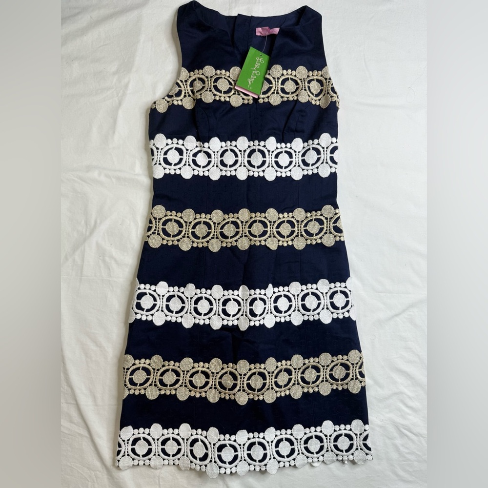 NWT Lilly Pulitzer Shift Dress Lace Details Dress Sz 00 Navy Lined Dress A040725